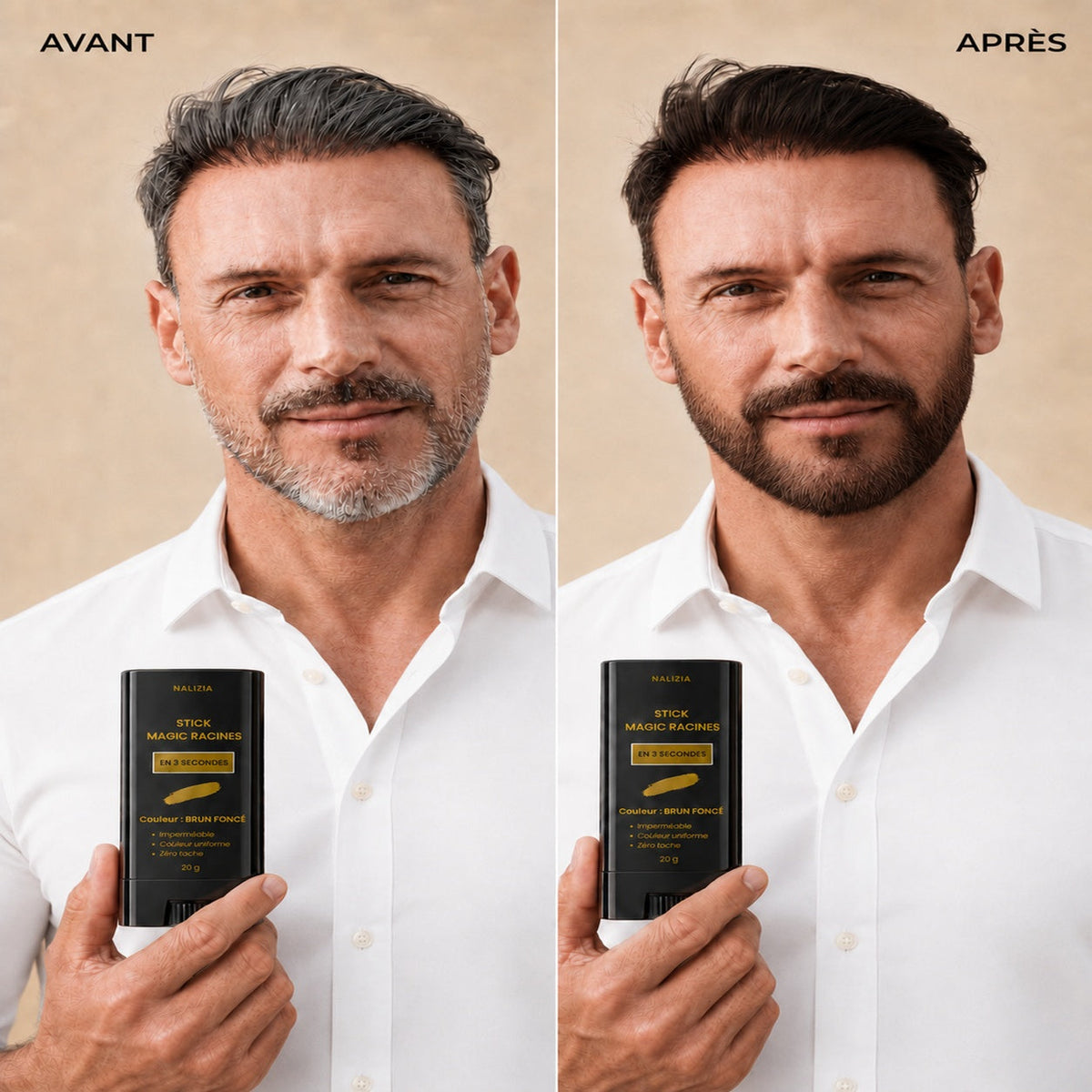 Avant après Stick Magic Racines Homme Nalizia - Cheveux gris cachés en 3 secondes